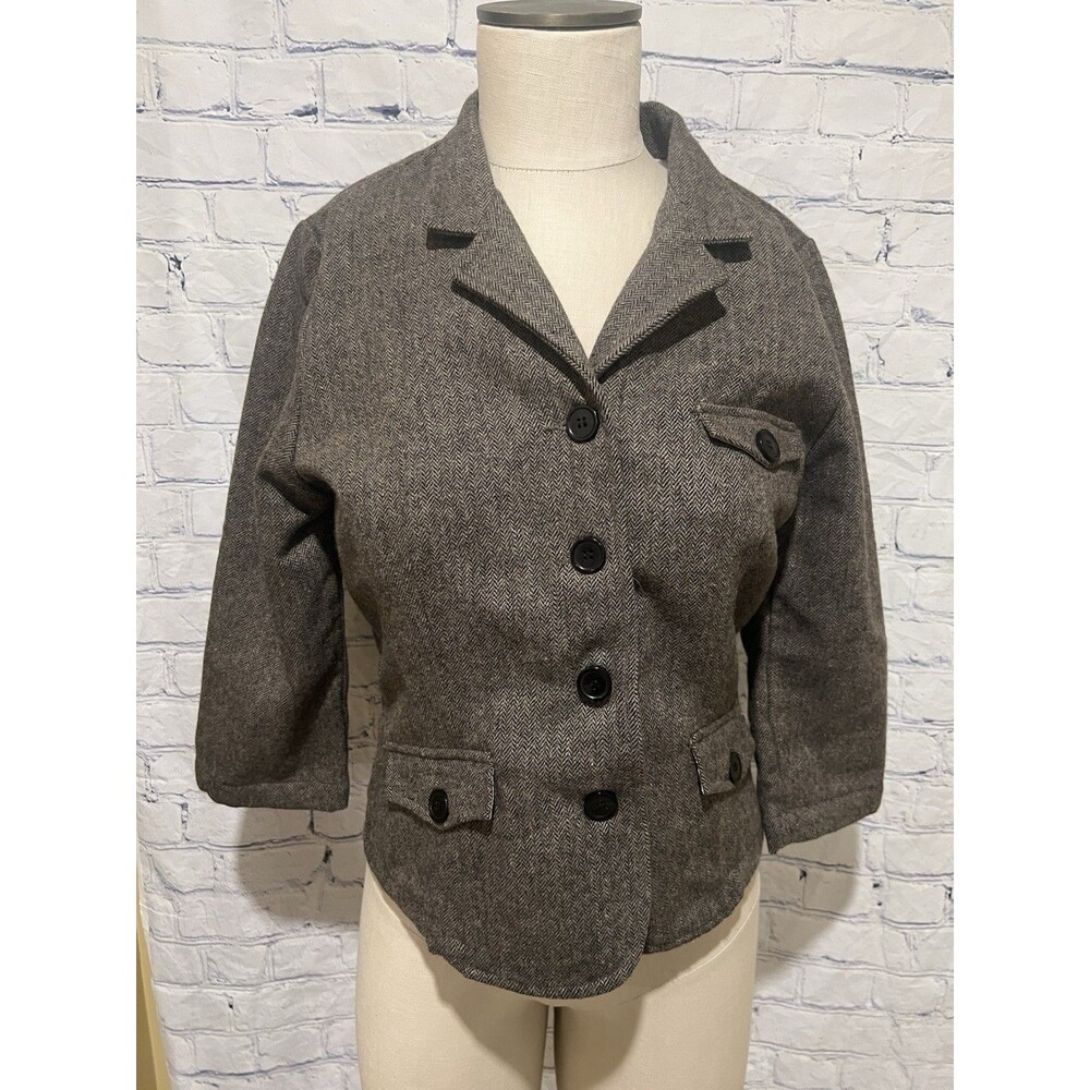 Andrew & Co. Brown Tweed Cropped Jacket Herringbone Pattern, 3/4 sleeves Medium
